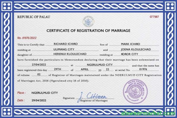Palau marriage certificate PSD template